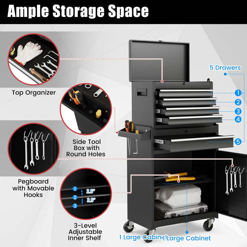 2-in-1 Rolling Tool Chest, 5-Drawer Tool Storage Cabinet with Wheels, Adjustable Shelf - Product image 56