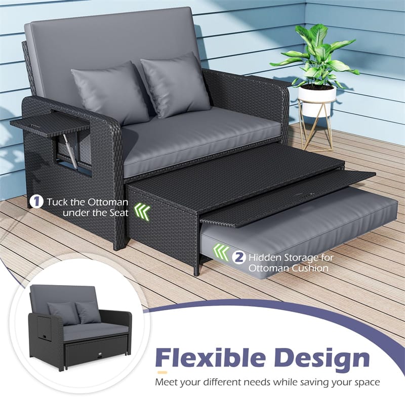 Patio Rattan Daybed Outdoor Wicker Loveseat Sofa with 4-Level Adjustable Backrest, Storage Ottoman - Product image 7
