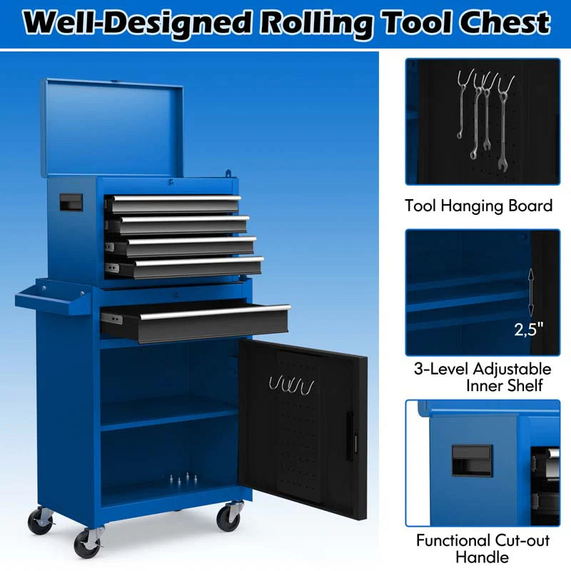 2-in-1 Rolling Tool Chest, 5-Drawer Tool Storage Cabinet with Wheels, Adjustable Shelf - Product image 29