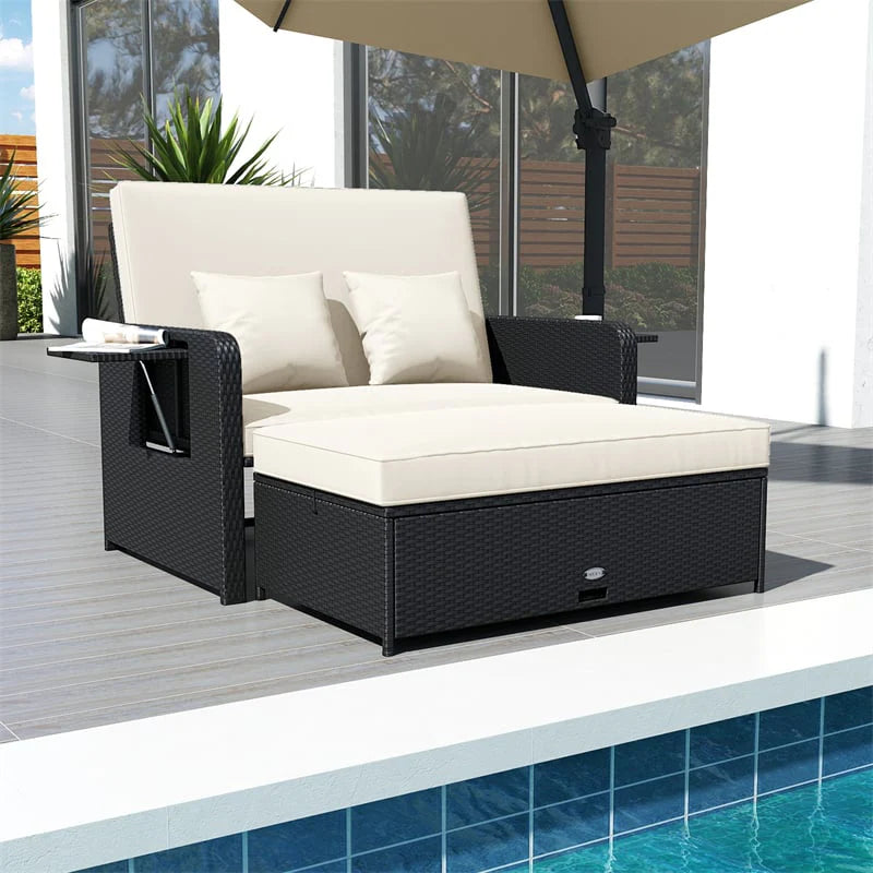 Patio Rattan Daybed Outdoor Wicker Loveseat Sofa with 4-Level Adjustable Backrest, Storage Ottoman - Product image 36