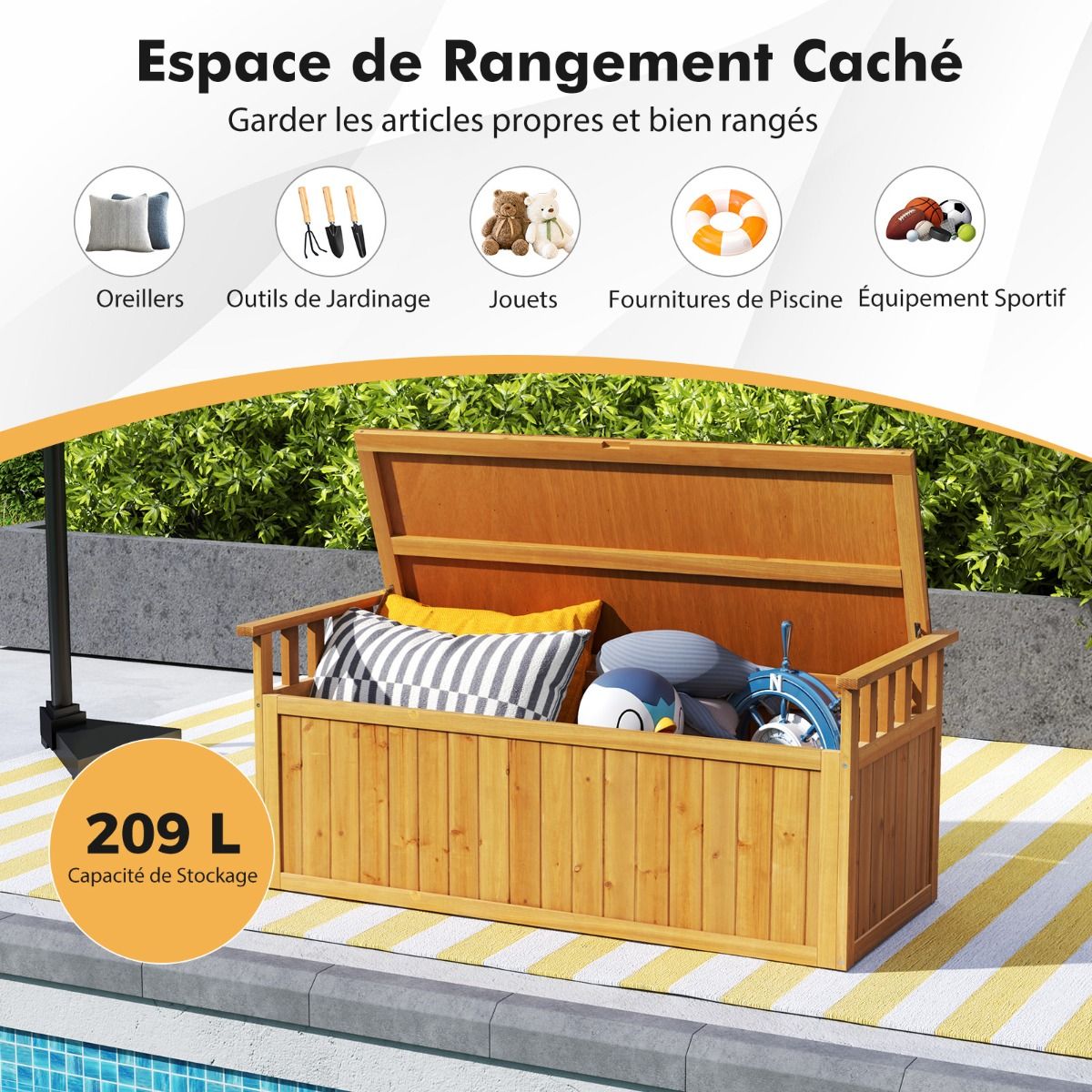 Wooden Storage Bench 209 L 2-Seater Outdoor Bench with Armrests Wooden Storage Box Load 100KG Natural -