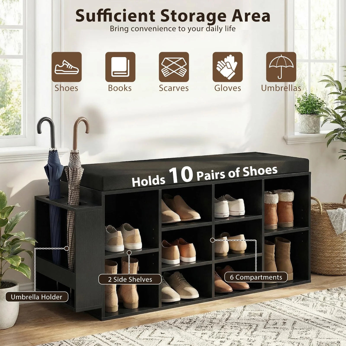 Tangkula Shoe Storage Bench with Umbrella Stand 10-Cubby Entryway Shoe Rack Organizer - Product image 4