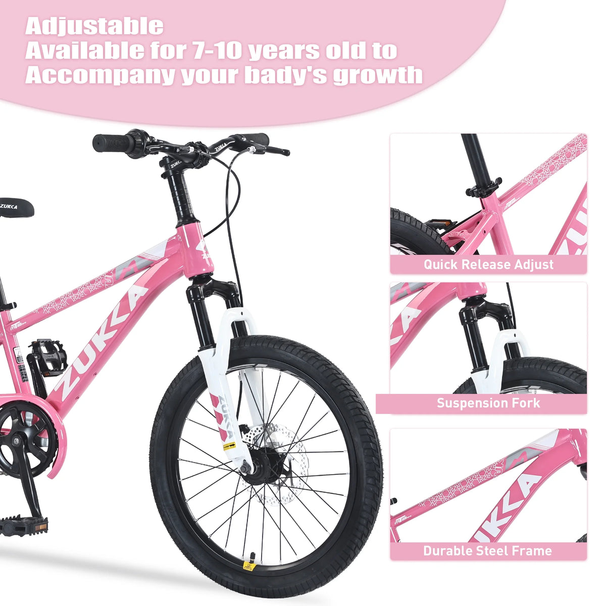 Zukka 20 in Kids Mountain Bike Steel Frame Hardtail Bicycle for Child Aged 7 - 10 Years Pink - Product image 9
