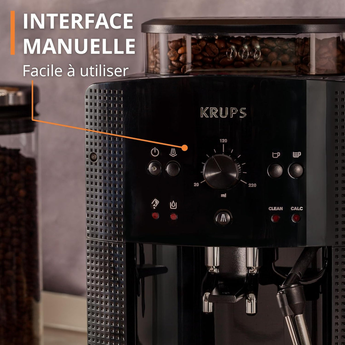 Bean coffee machine, 1.7 L, 2 cups simultaneously, Automatic cleaning, Steam nozzle for Cappuccino, Espresso coffee maker, Essential black YY8125FD, Black -