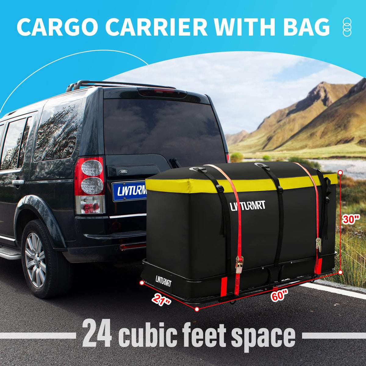LWTURMRT 60" x 22" x 6" Hitch Cargo Rack with Waterproof Cargo Bag (58" x 20" x 24"), Rust Resistant Baking Paint and Alloy Steel Material
