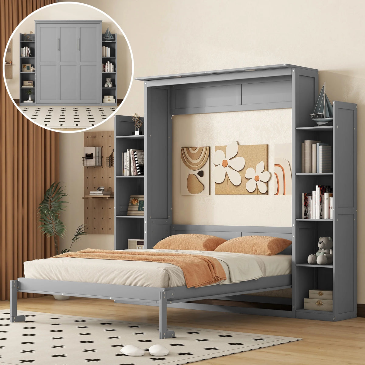 Aukfa Queen Size Murphy Bed with 5 - Tier Storage Shelf & LED Lights - Product image 3