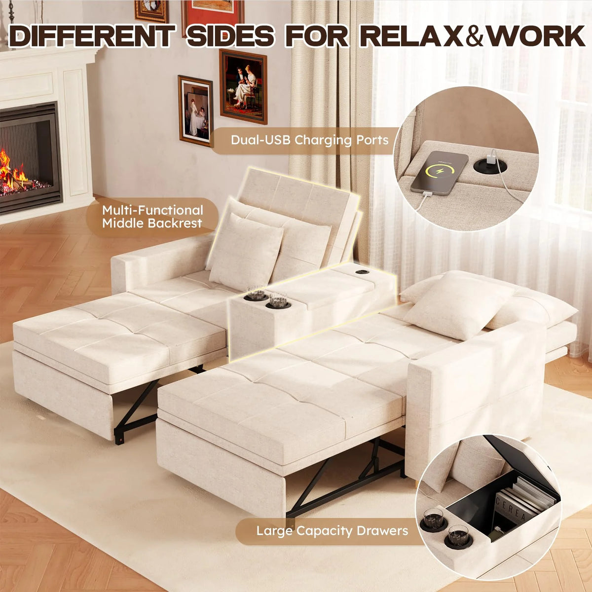AECOJOY 75" Sleeper Chair, 3 in 1 Convertible Sleeper Sofa Bed, 2-Seater Pull Out Couch Bed - Product image 8