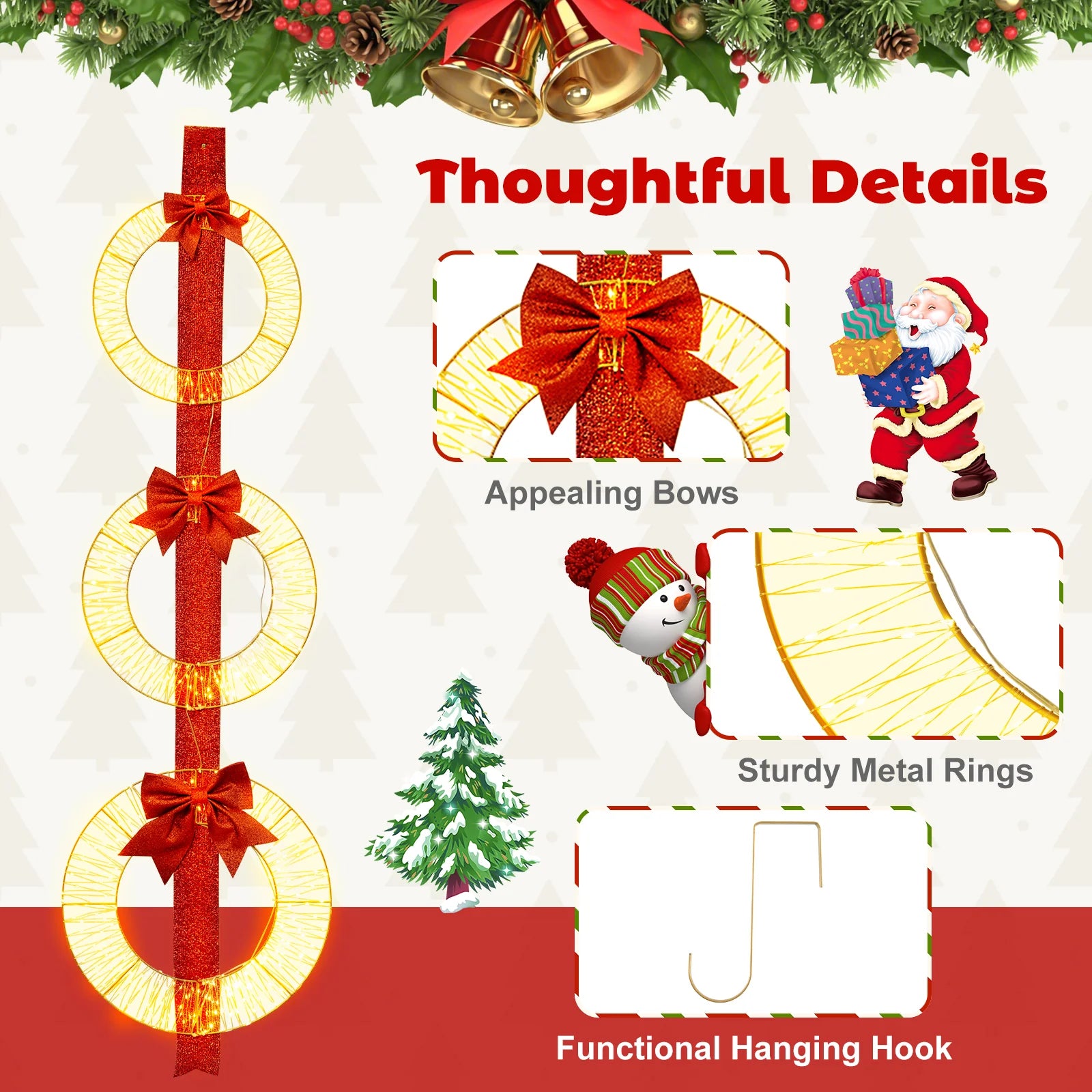 Tangkula Set of 3 Christmas Lighted Wreaths, Pre-Lit Metal Wreaths on Red Ribbon w/ 450 Warm White LED - Product image 8