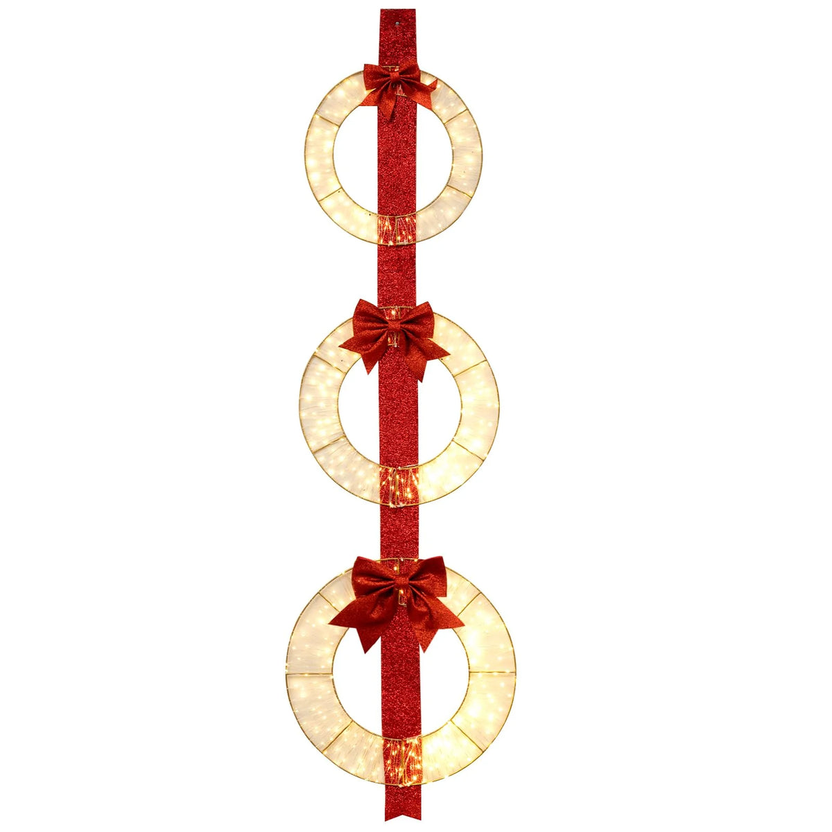Tangkula Set of 3 Christmas Lighted Wreaths, Pre-Lit Metal Wreaths on Red Ribbon w/ 450 Warm White LED - Product image 1