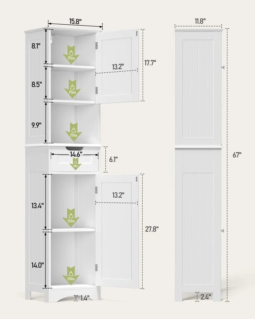 Aiho 67"h Bathroom Storage Cabinet with 2 Doors and 1 Drawer for Bathroom, Bedroom, Kitchen, and Living Room - White