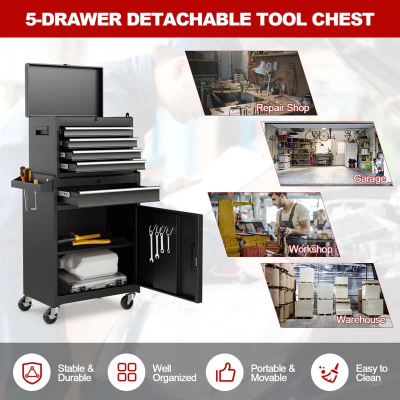 2-in-1 Rolling Tool Chest, 5-Drawer Tool Storage Cabinet with Wheels, Adjustable Shelf - Product image 62