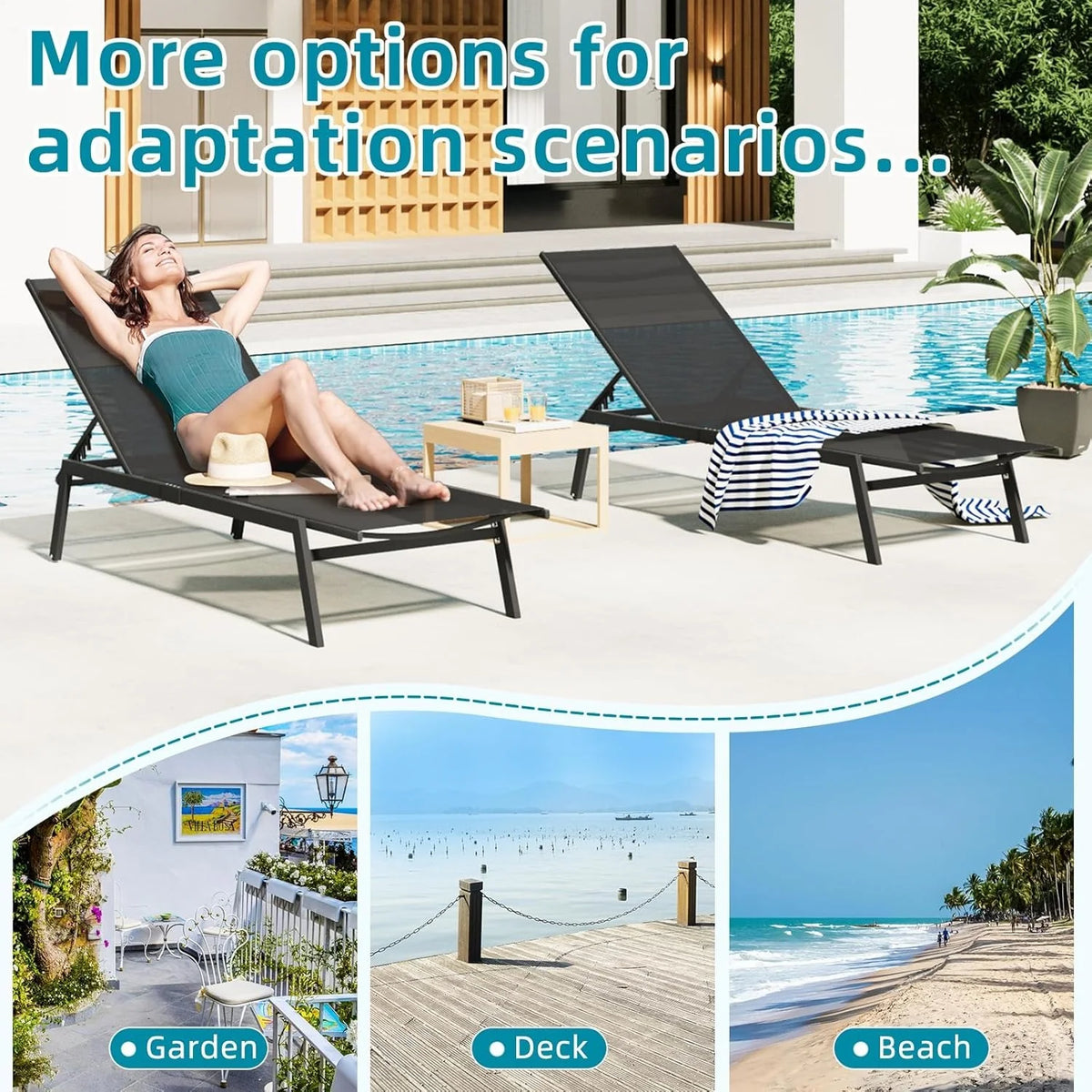 AECOJOY Patio Lounge Chairs for Outside, Outdoor Chaise Lounge with Wheels, Black, 2PCS - Product image 4
