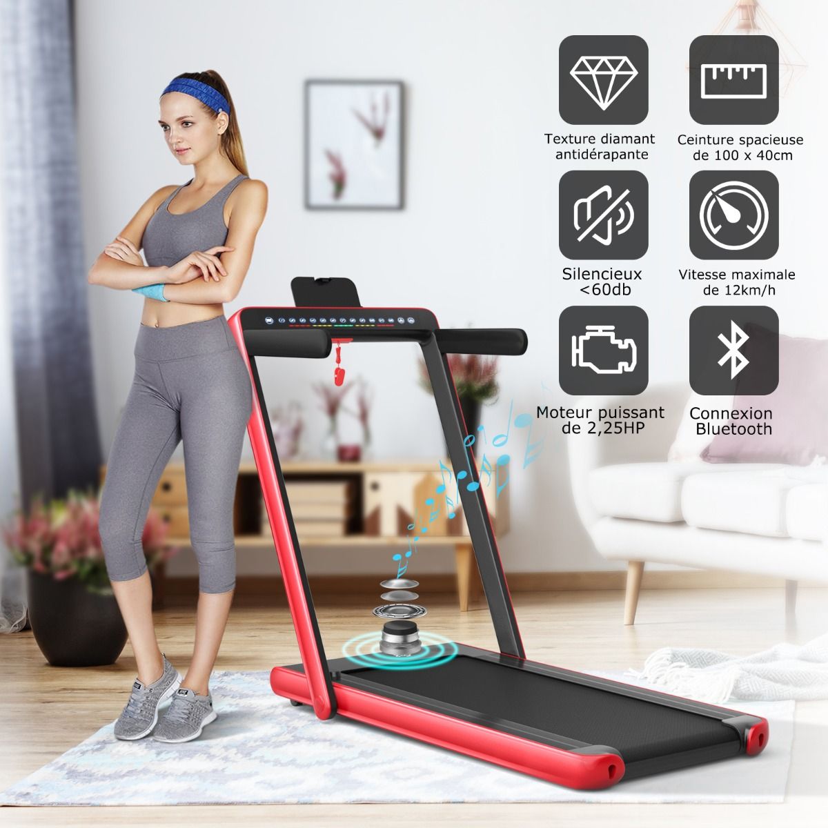 Foldable Treadmill 0.75HP Double LED Display APP and Remote Control Motorized Speed 12 km/h Surface 40x100cm Red -