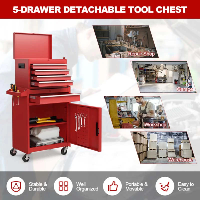 2-in-1 Rolling Tool Chest, 5-Drawer Tool Storage Cabinet with Wheels, Adjustable Shelf - Product image 40