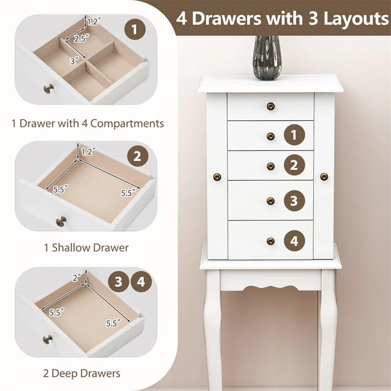 Standing Jewelry Armoire Cabinet with Flip Top Mirror, 4 Drawers, 8 Necklace Hooks & 2 Side Doors - Product image 27