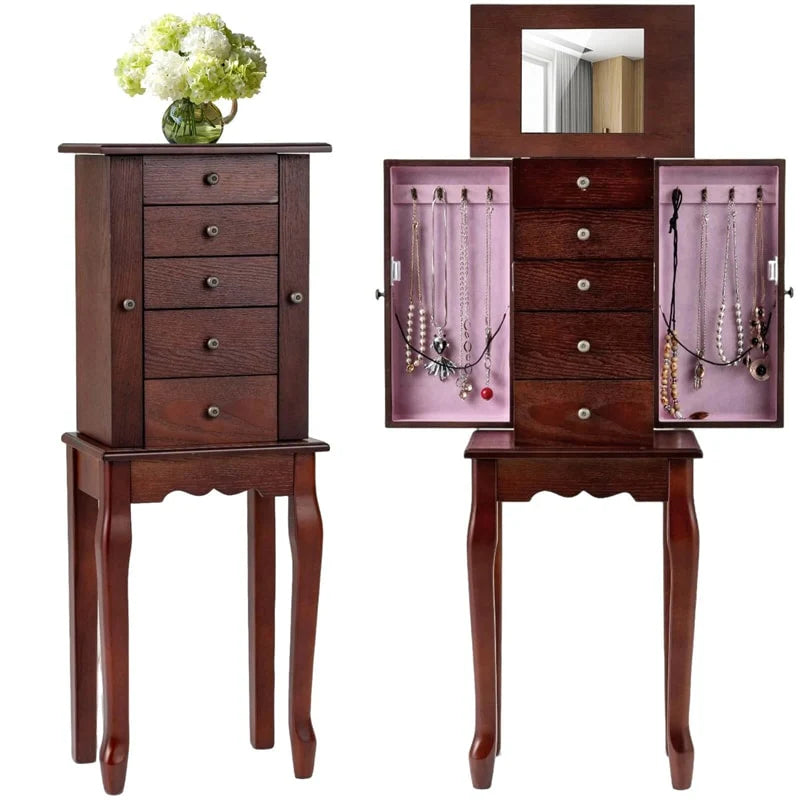 Standing Jewelry Armoire Cabinet with Flip Top Mirror, 4 Drawers, 8 Necklace Hooks & 2 Side Doors - Product image 1
