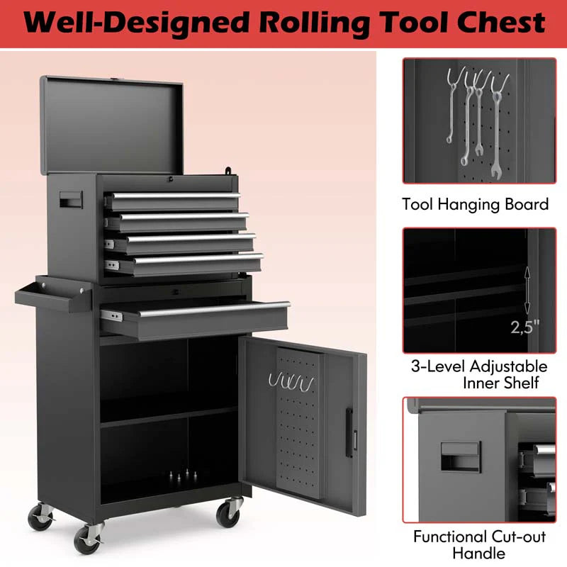 2-in-1 Rolling Tool Chest, 5-Drawer Tool Storage Cabinet with Wheels, Adjustable Shelf - Product image 19