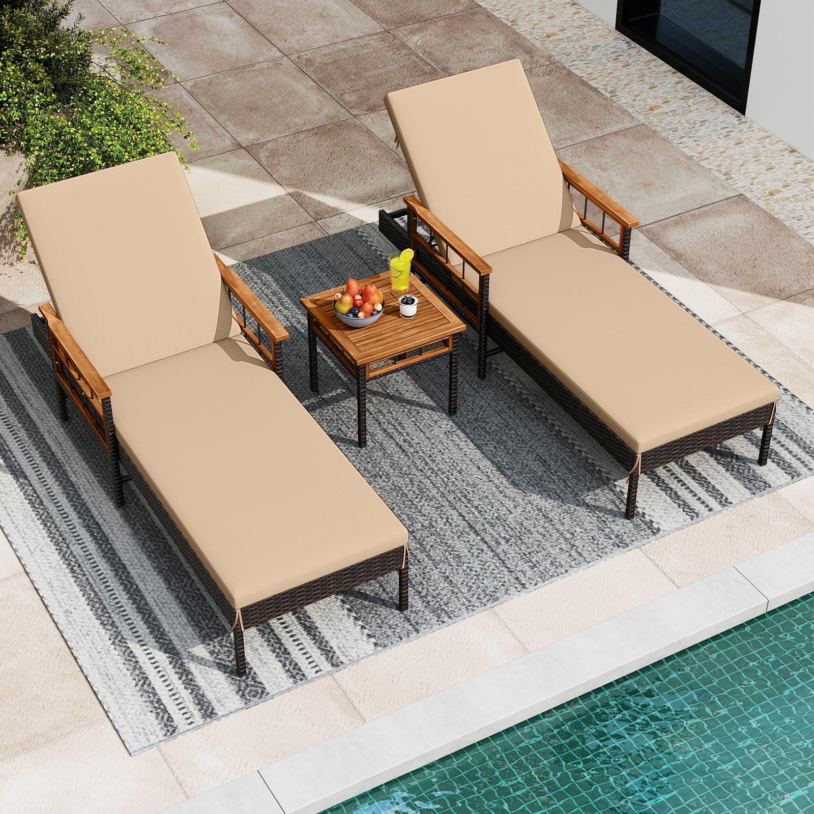 Tangkula 3 Pieces Patio Chaise Lounge Set 2 Rattan Lounge Chairs Side Table - Product image 8