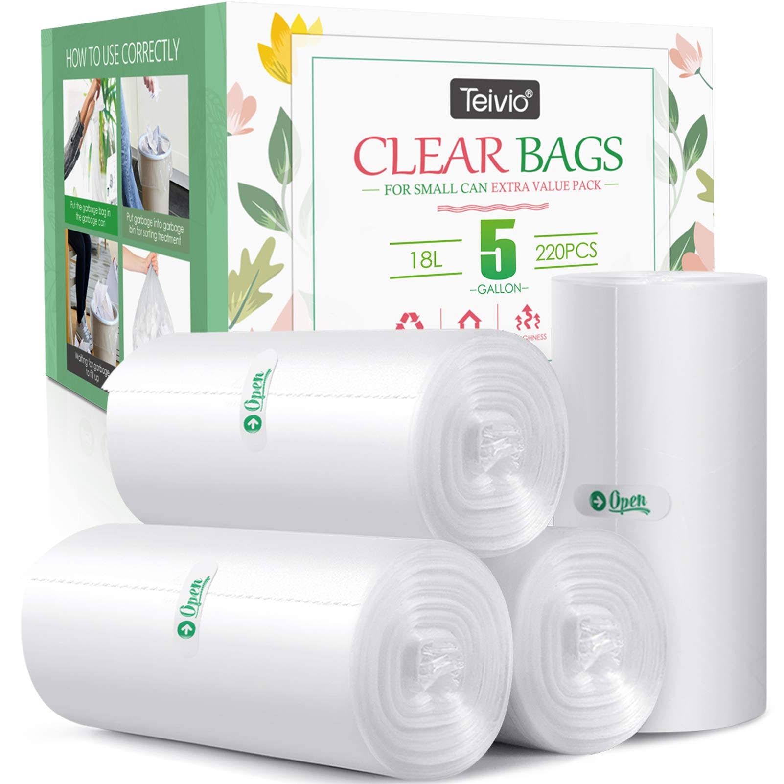 5 Gallon 220 Counts Strong Trash Bags Garbage Bags by Teivio, Bin Liners, for Bathroom Home Office Kitchen - Product image 1