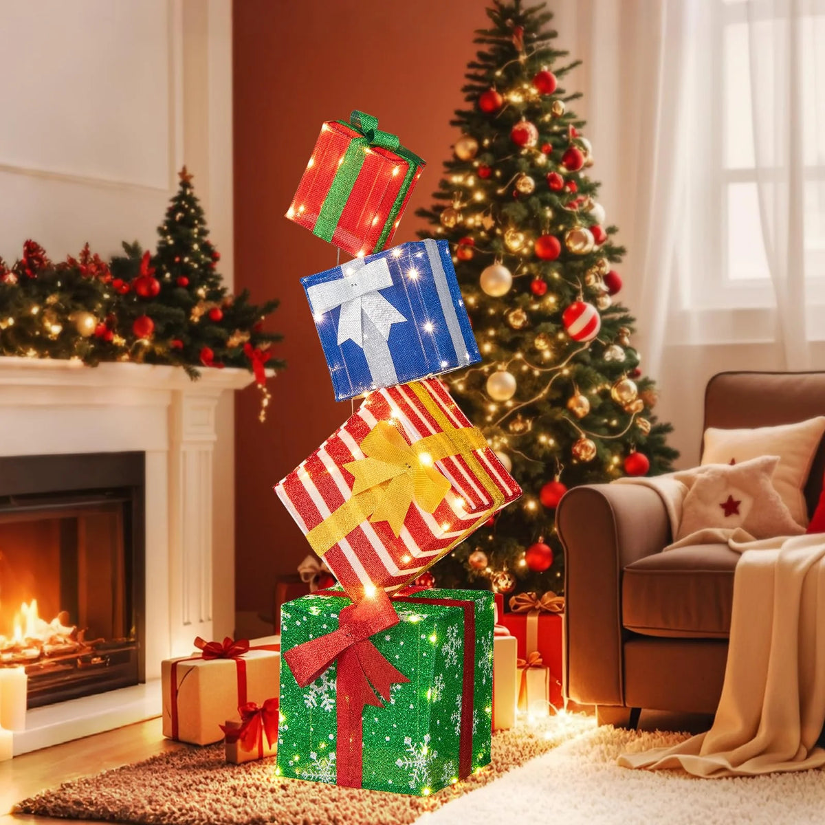 Tangkula 4 FT Lighted Stacked Gift Boxes, Light up Box Tower Christmas Decorations with Built-in LED Lights - Product image 2