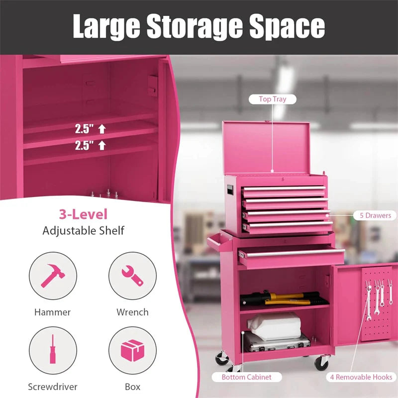 2-in-1 Rolling Tool Chest, 5-Drawer Tool Storage Cabinet with Wheels, Adjustable Shelf - Product image 103