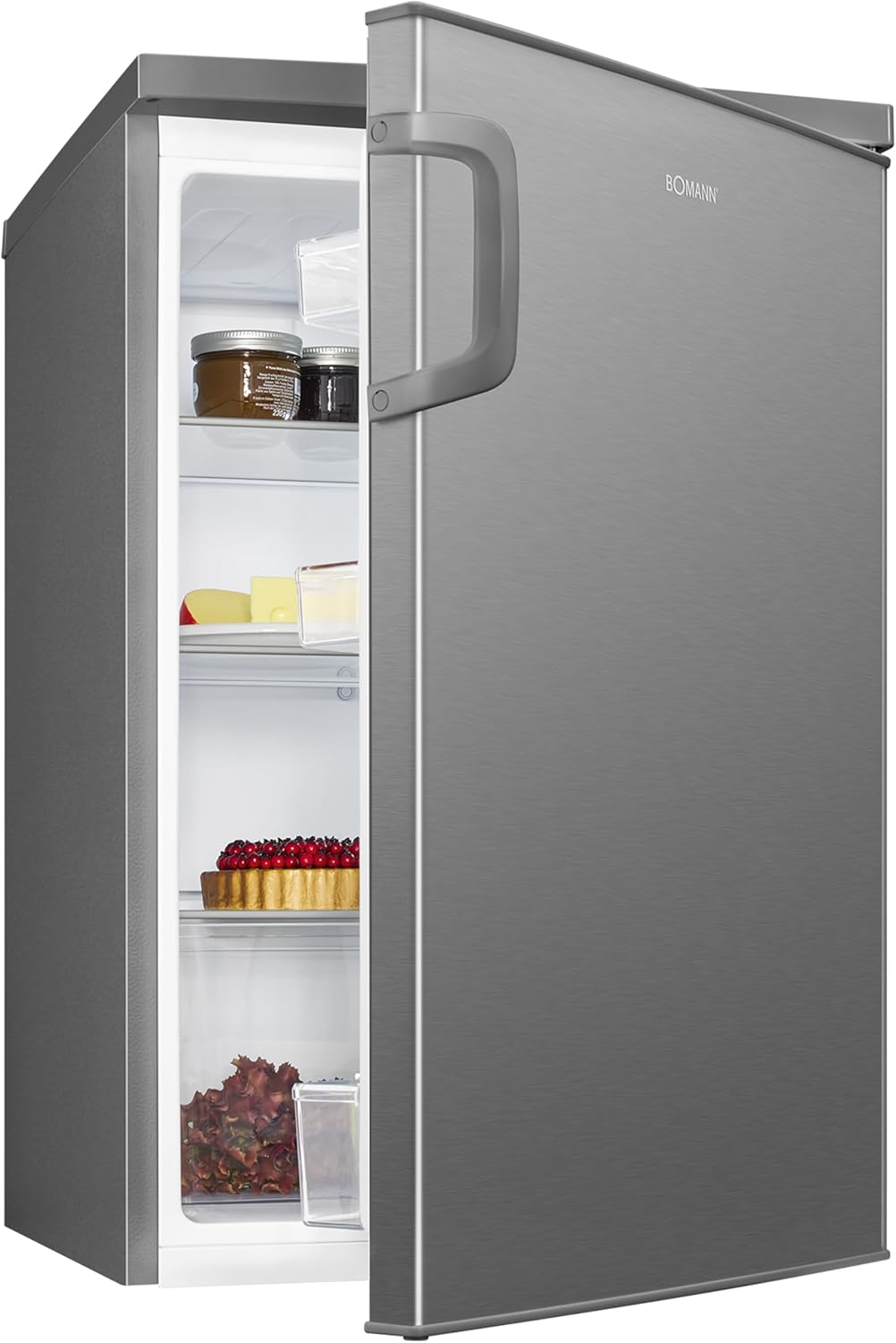 Bomann 133L stainless steel refrigerator VS2195-1-inox, Net capacity: 133 liters, LED interior lighting, Continuous temperature control, 3 glass shelves