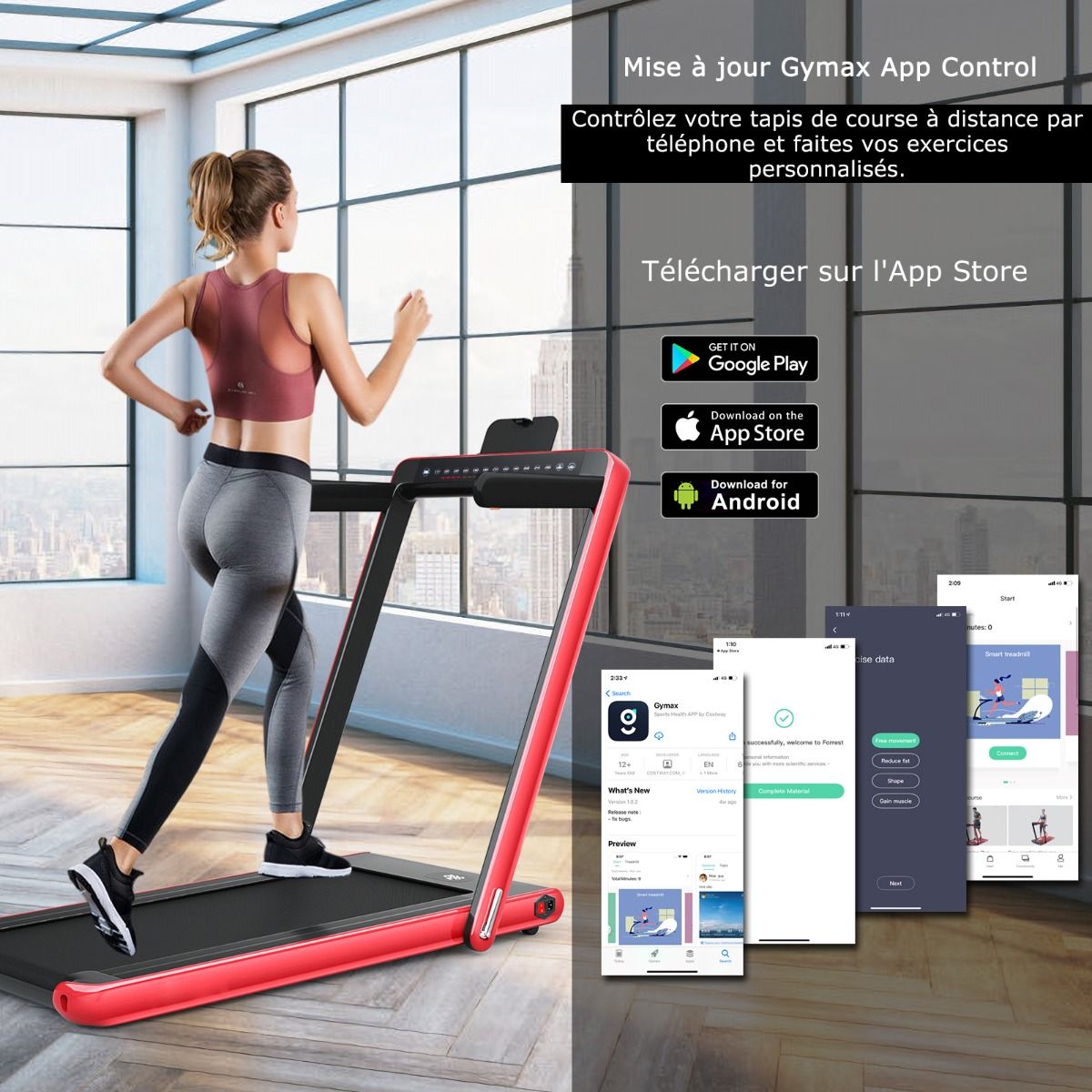 Foldable Treadmill 0.75HP Double LED Display APP and Remote Control Motorized Speed 12 km/h Surface 40x100cm Red -