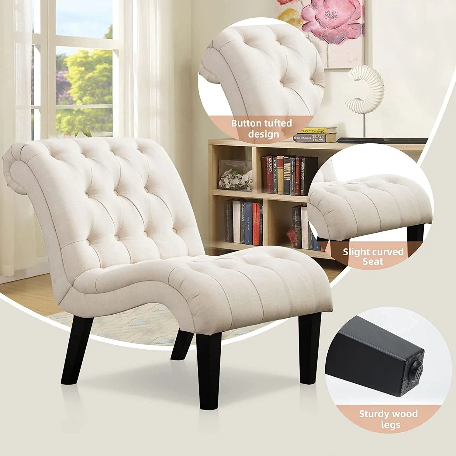 Andeworld Upholstered Accent Chair for Bedroom Living Room Chairs Lounge Chair with Wood Legs Cream Fabric - Product image 7