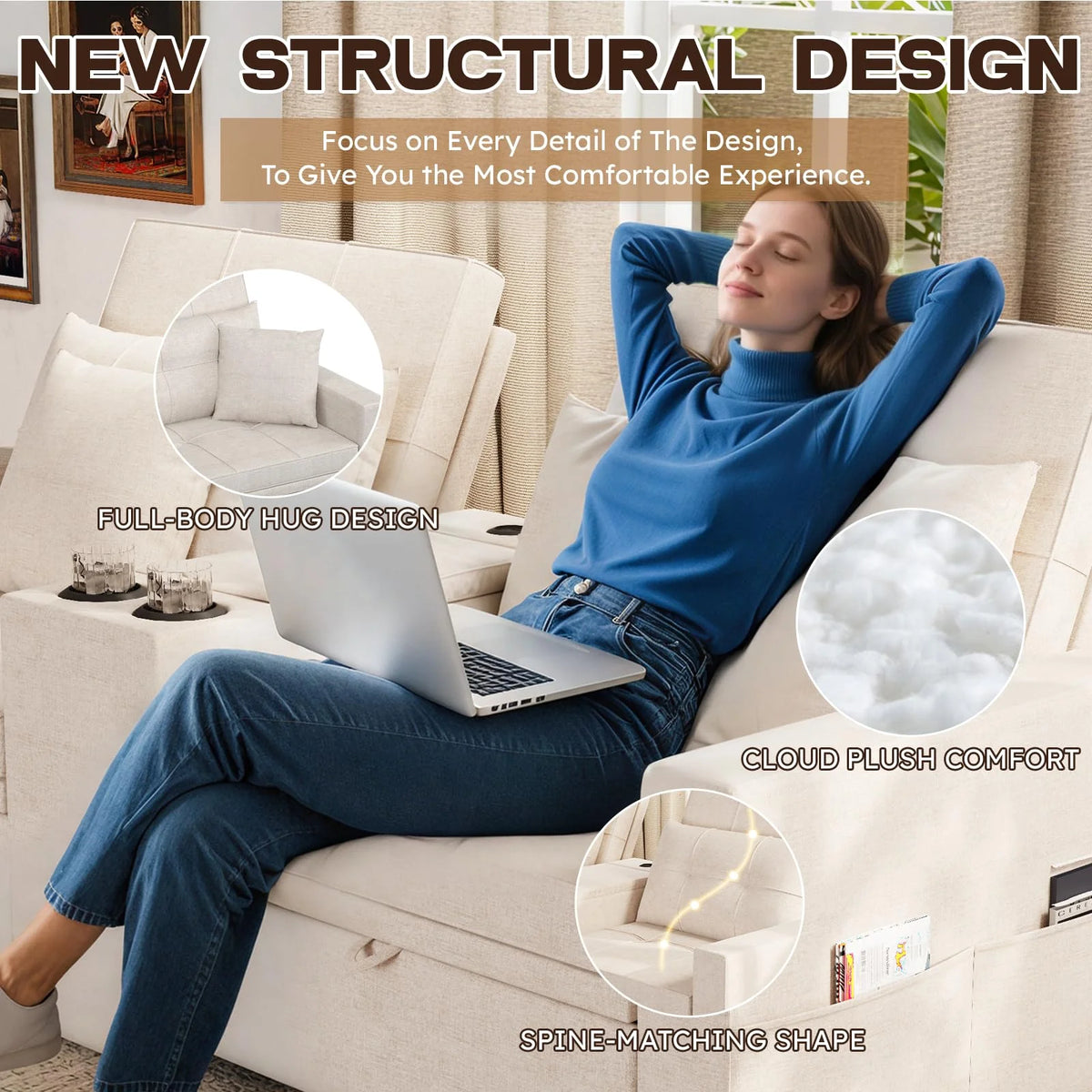 AECOJOY 75" Sleeper Chair, 3 in 1 Convertible Sleeper Sofa Bed, 2-Seater Pull Out Couch Bed - Product image 9