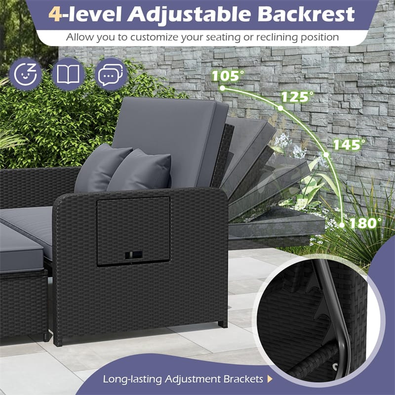 Patio Rattan Daybed Outdoor Wicker Loveseat Sofa with 4-Level Adjustable Backrest, Storage Ottoman - Product image 5