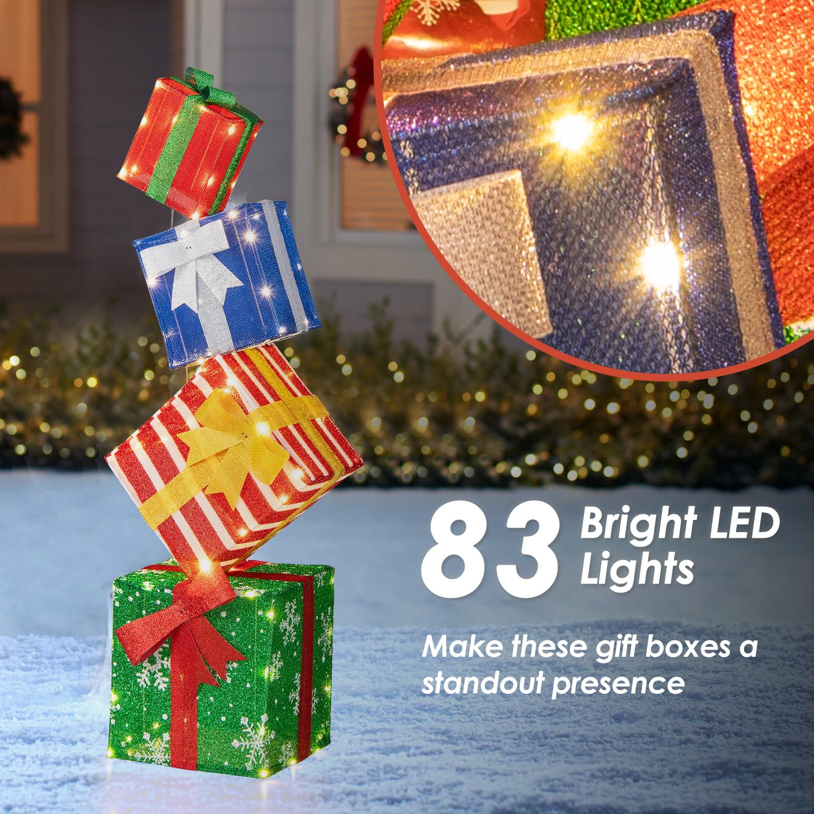Tangkula 4 FT Lighted Stacked Gift Boxes, Light up Box Tower Christmas Decorations with Built-in LED Lights - Product image 5