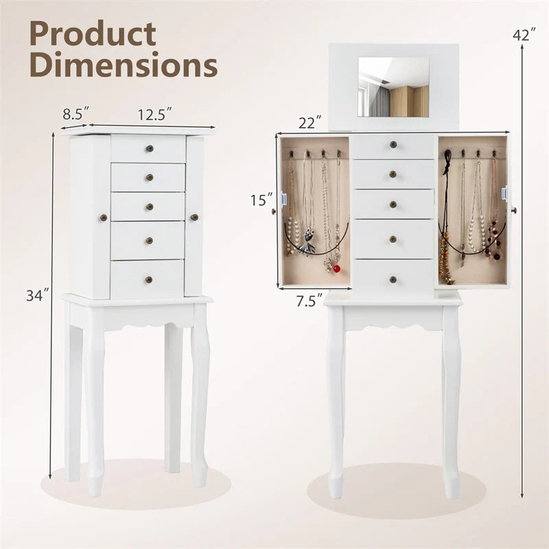 Standing Jewelry Armoire Cabinet with Flip Top Mirror, 4 Drawers, 8 Necklace Hooks & 2 Side Doors - Product image 31