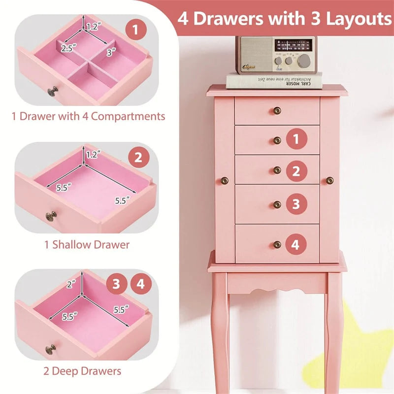 Standing Jewelry Armoire Cabinet with Flip Top Mirror, 4 Drawers, 8 Necklace Hooks & 2 Side Doors - Product image 42