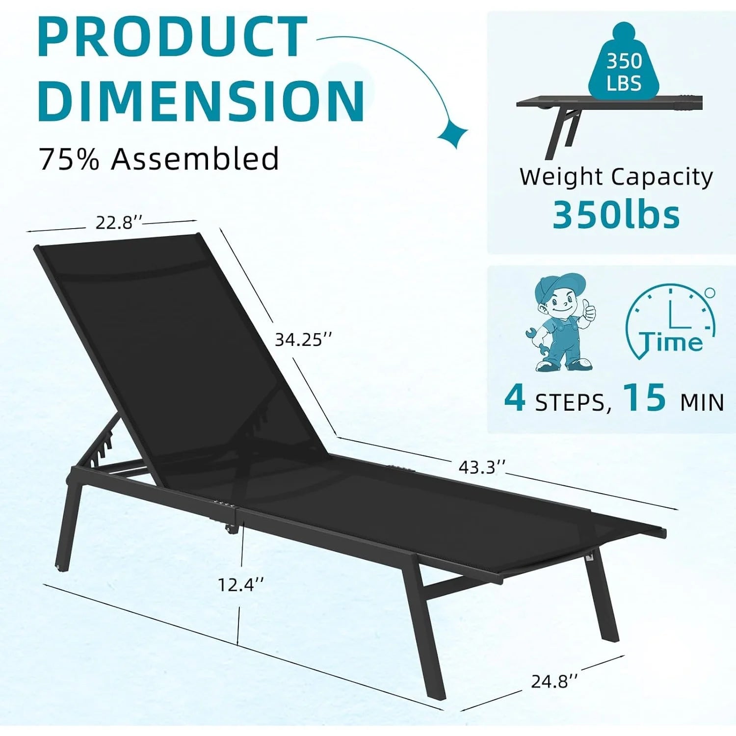 AECOJOY Patio Lounge Chairs for Outside, Outdoor Chaise Lounge with Wheels, Black, 2PCS - Product image 3