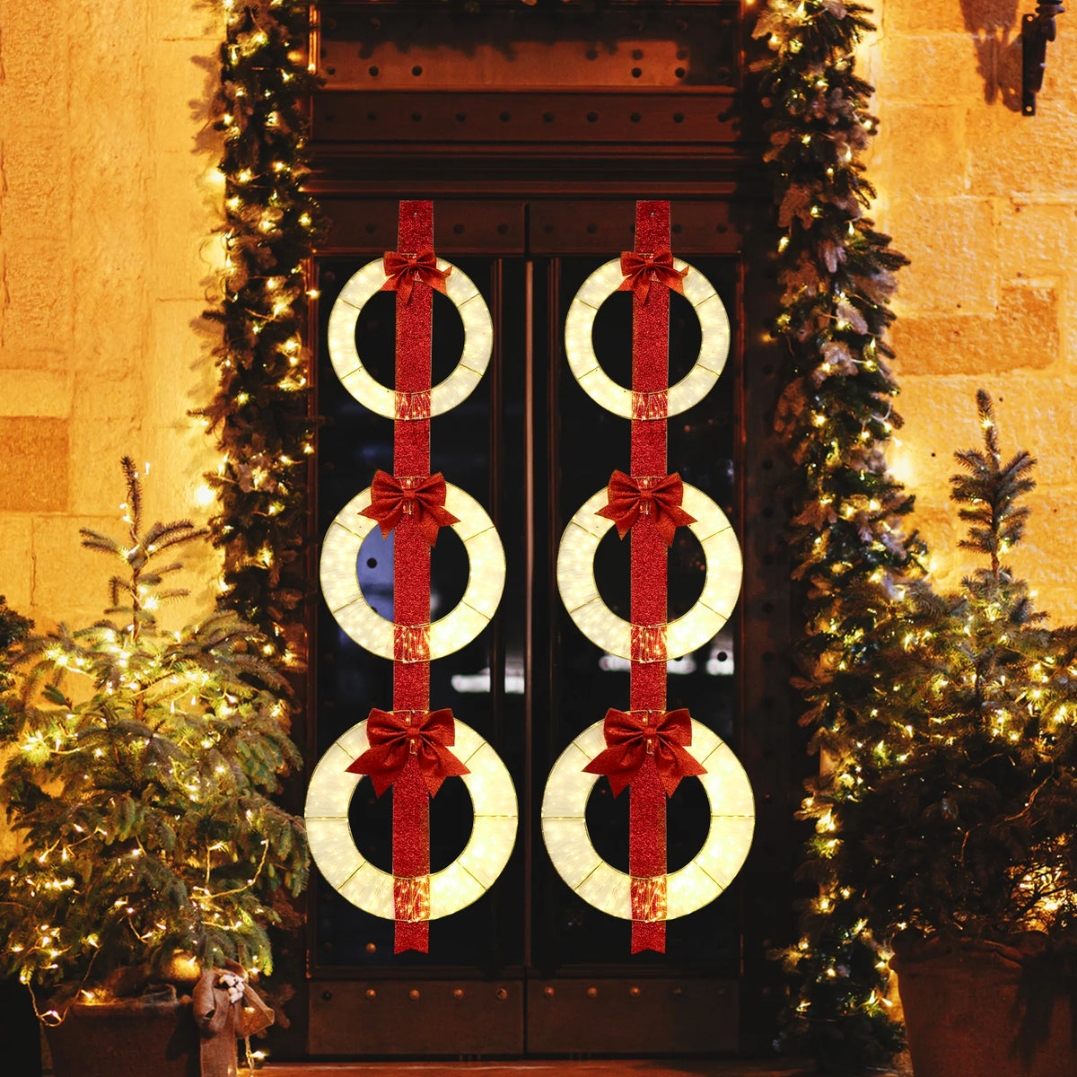 Tangkula Set of 3 Christmas Lighted Wreaths, Pre-Lit Metal Wreaths on Red Ribbon w/ 450 Warm White LED - Product image 4