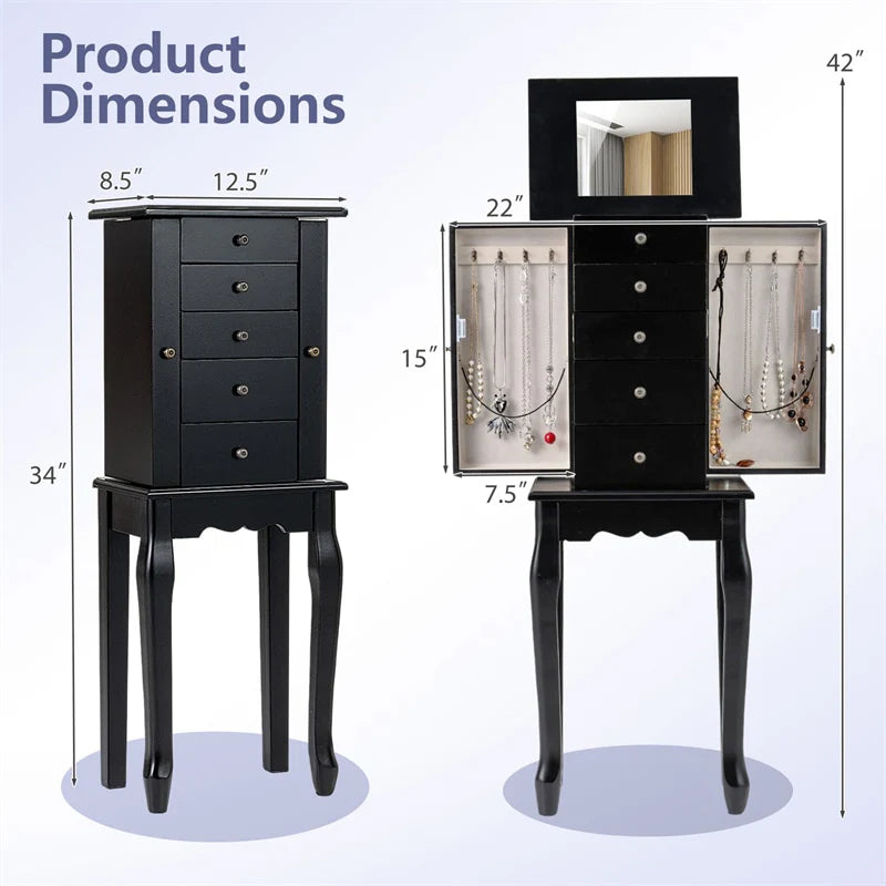Standing Jewelry Armoire Cabinet with Flip Top Mirror, 4 Drawers, 8 Necklace Hooks & 2 Side Doors - Product image 20
