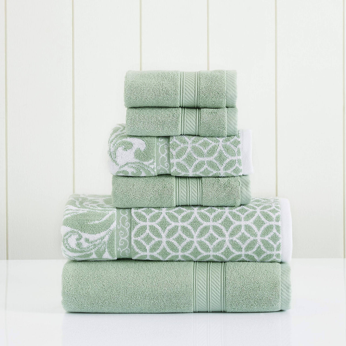 Pacific Coast Textiles Trefoil Filigree 6-Piece Cotton Adult Bath Towel Set, Sage - Product image 1