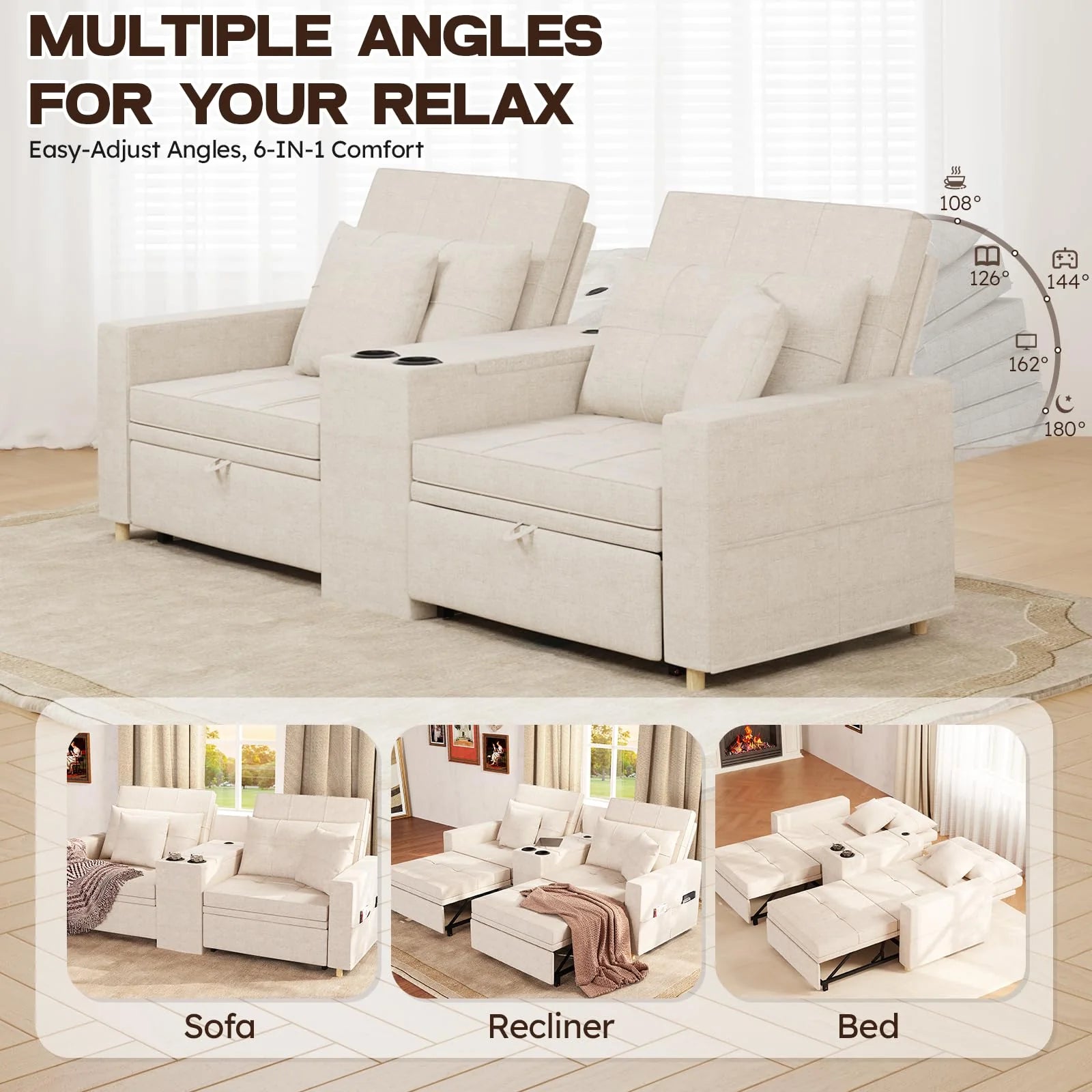 AECOJOY 75" Sleeper Chair, 3 in 1 Convertible Sleeper Sofa Bed, 2-Seater Pull Out Couch Bed - Product image 7