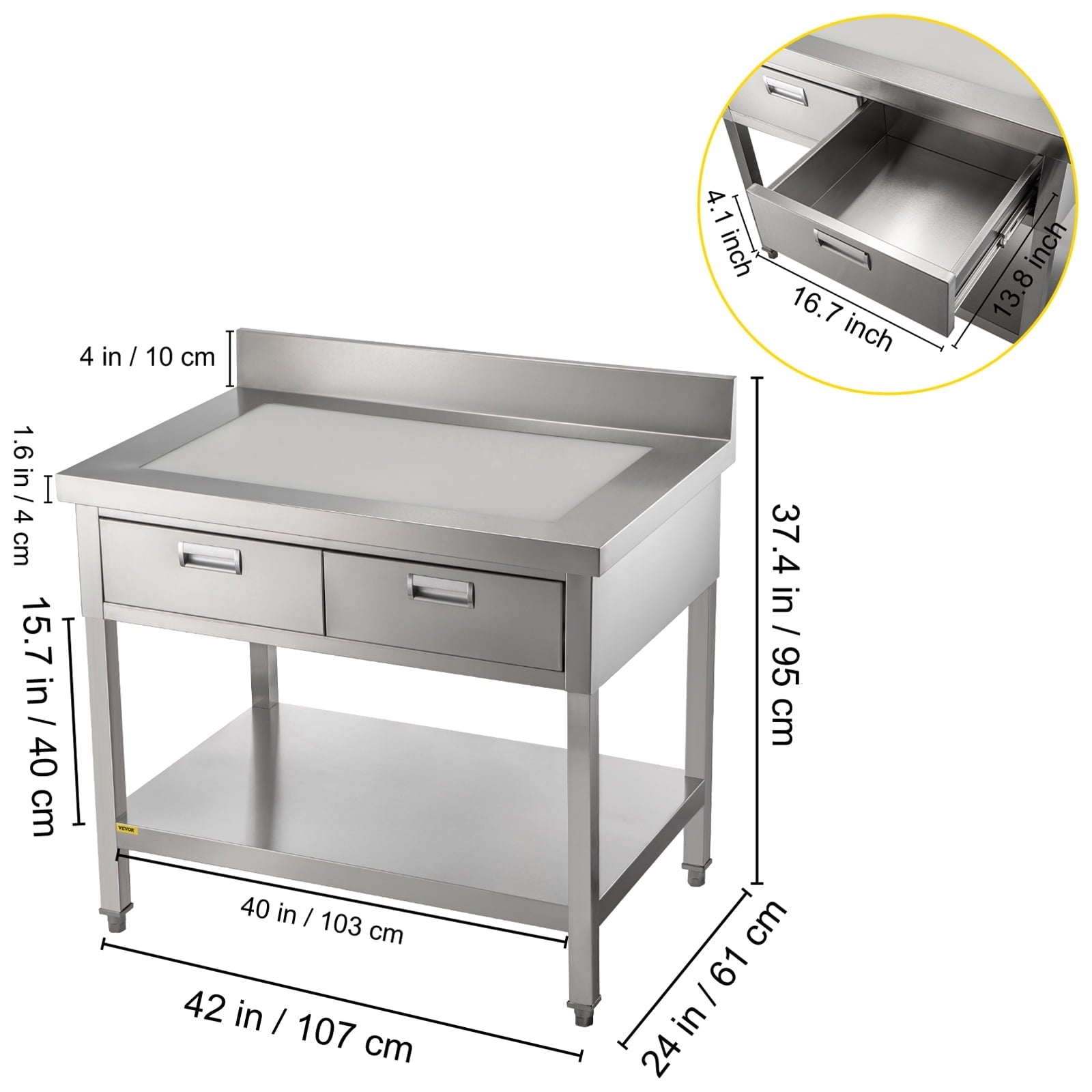 Commercial Work Table Workstation 24 x 42 Inches Commercial Food Prep Work Table with 2 Drawers - Product image 9
