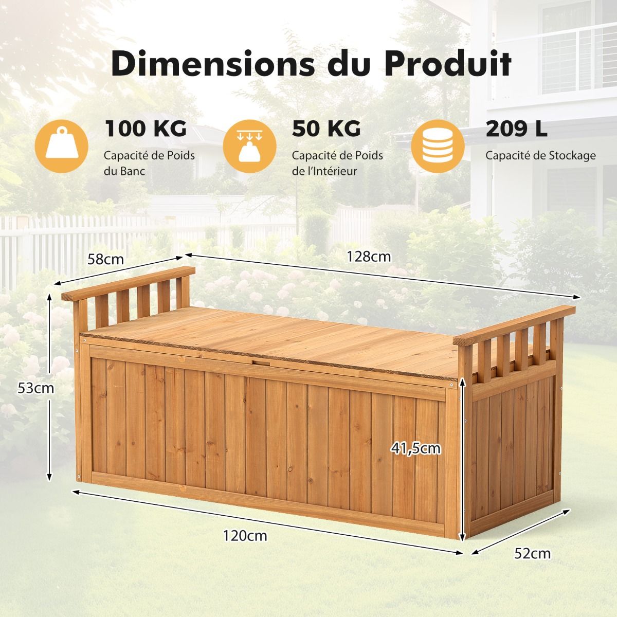 Wooden Storage Bench 209 L 2-Seater Outdoor Bench with Armrests Wooden Storage Box Load 100KG Natural -