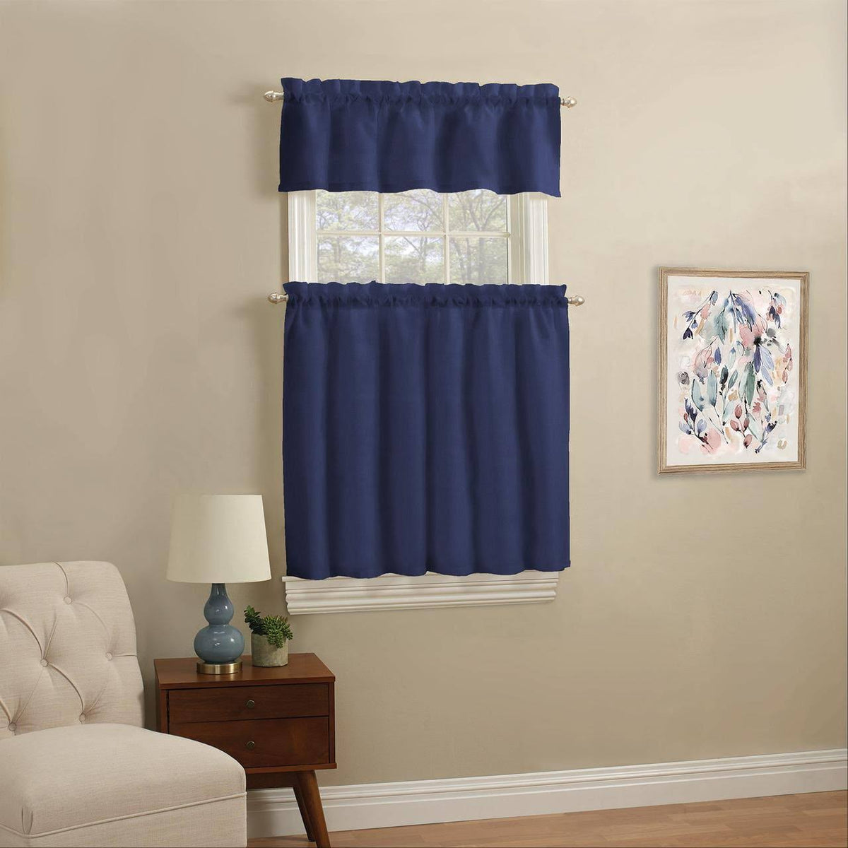 Mainstays Solid Kitchen Window Curtain Tier and Valance Set, Size: 56 x 36, Blue - Product image 1