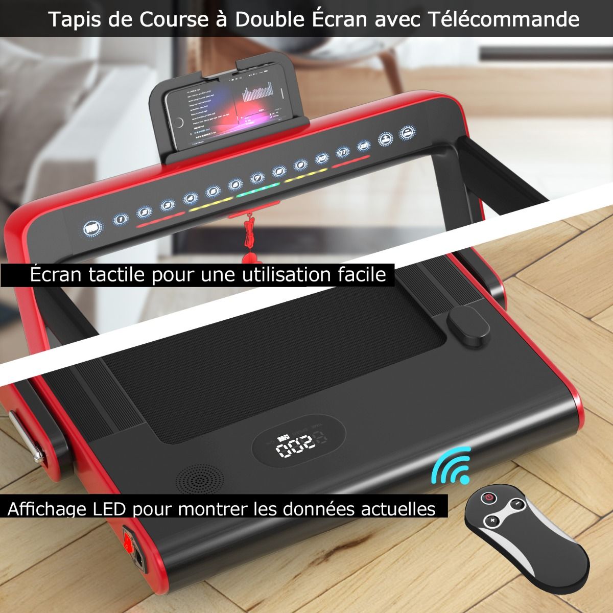 Foldable Treadmill 0.75HP Double LED Display APP and Remote Control Motorized Speed ​​12 km/h Surface 40x100cm Red -