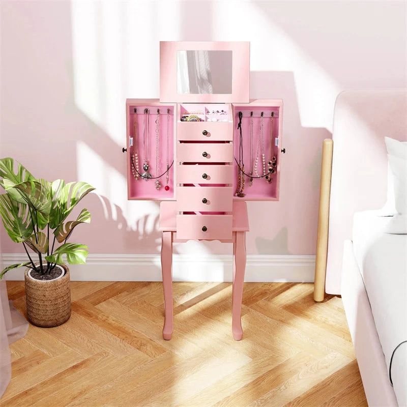 Standing Jewelry Armoire Cabinet with Flip Top Mirror, 4 Drawers, 8 Necklace Hooks & 2 Side Doors - Product image 43