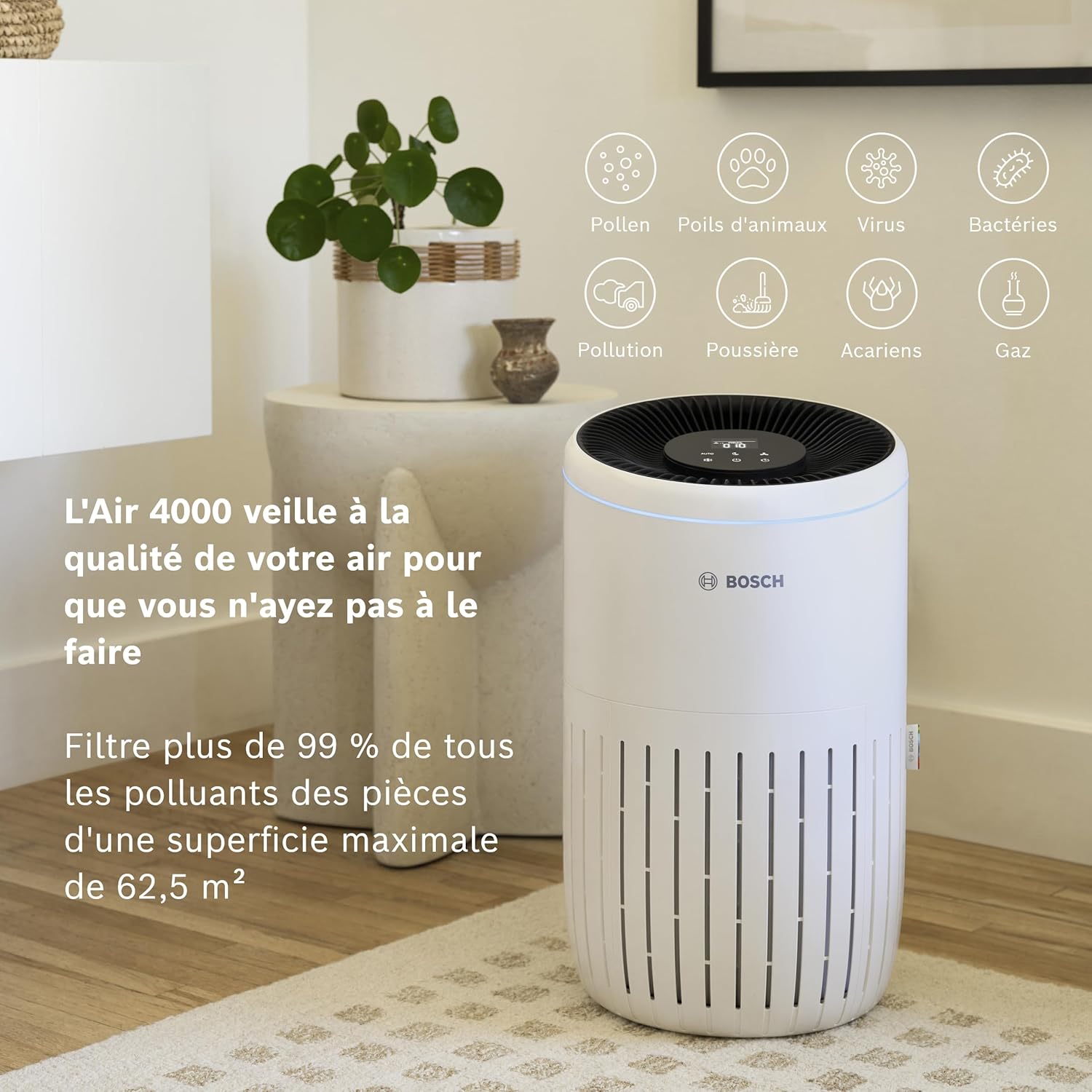 Bosch Air 4000 - Air purifier - For rooms up to 62.5 m² - Effectively filters more than 99% of pollutants - An intelligent sensor, auto and silence modes (< 25 dB(A)) - CADR: 300 m³/h