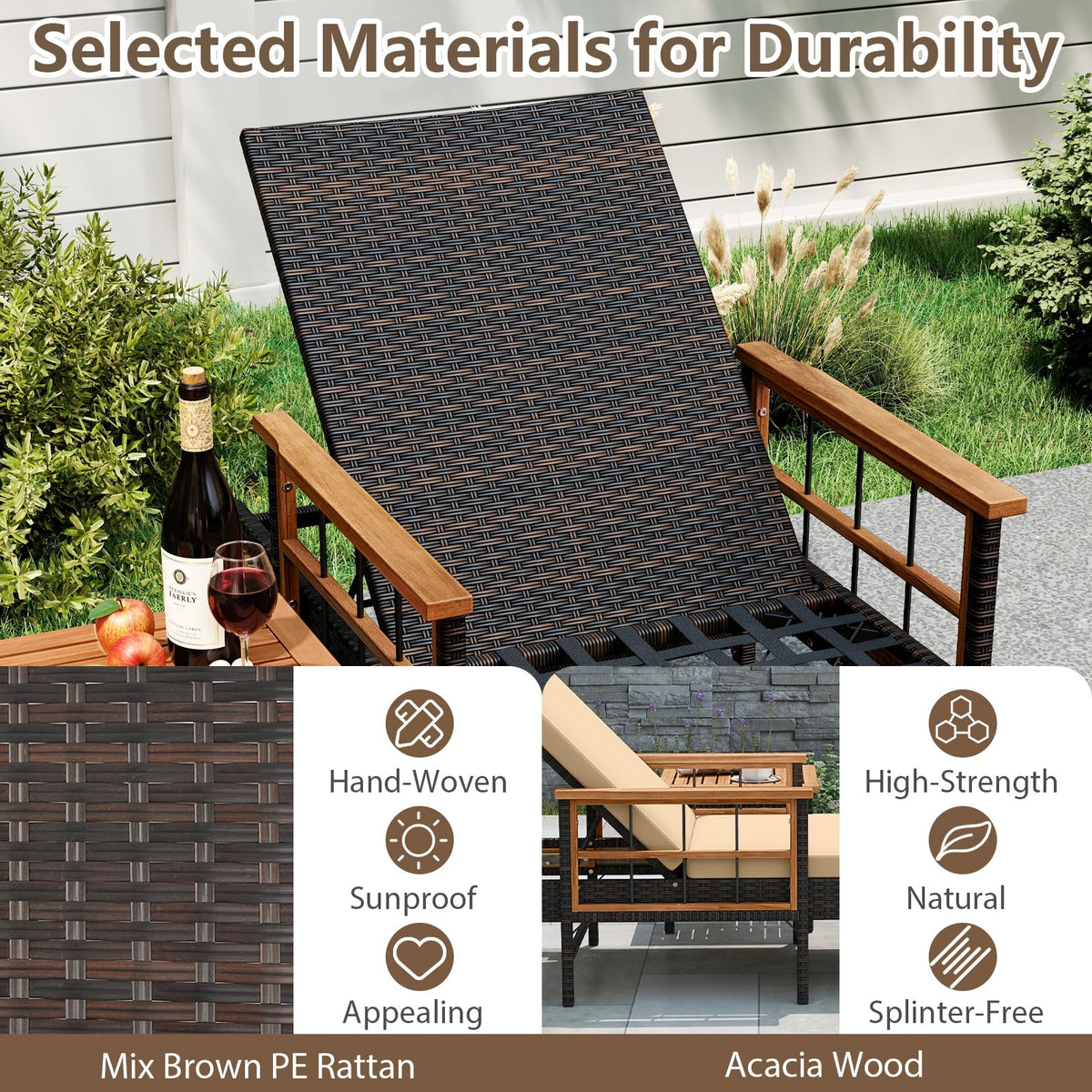Tangkula 3 Pieces Patio Chaise Lounge Set 2 Rattan Lounge Chairs Side Table - Product image 6
