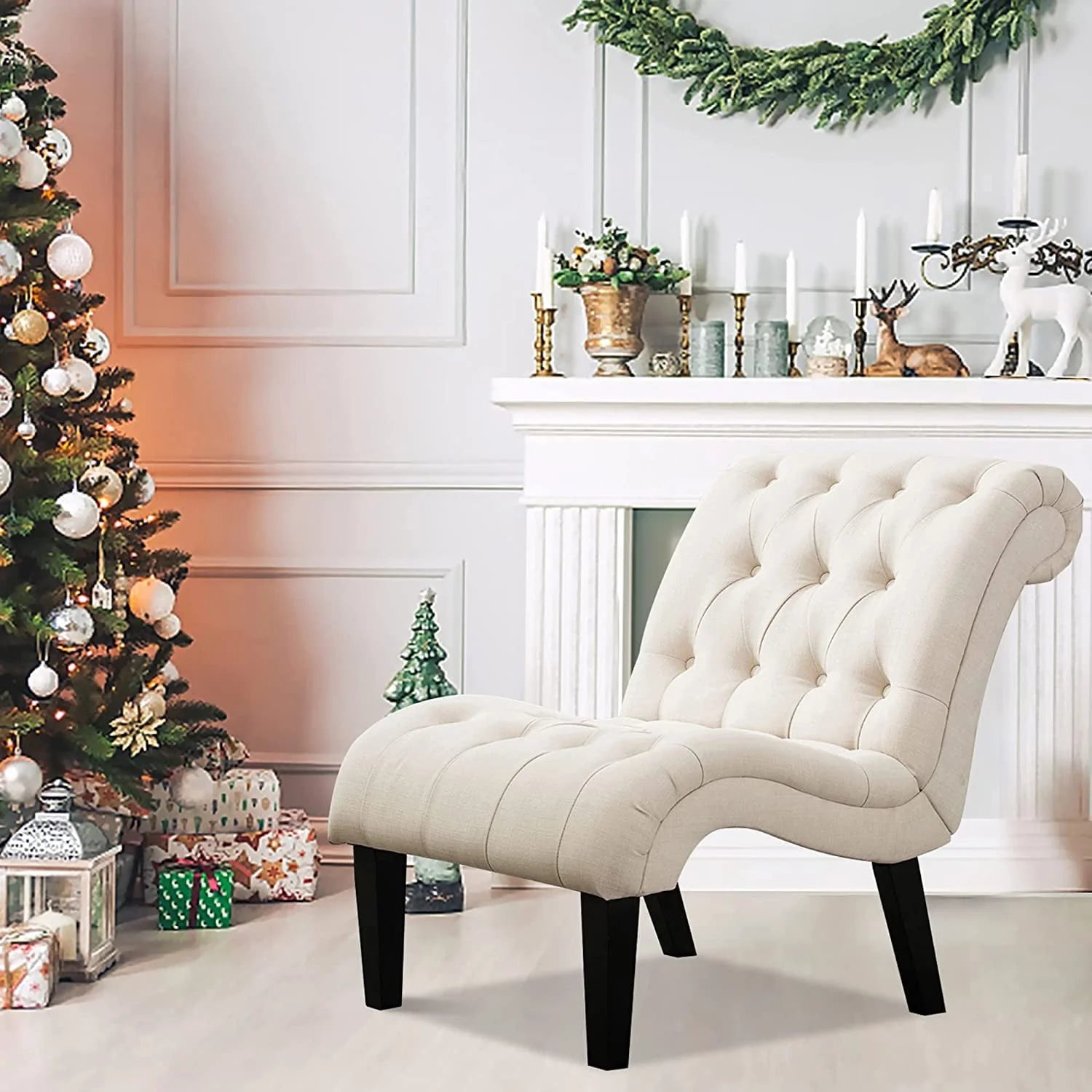 Andeworld Upholstered Accent Chair for Bedroom Living Room Chairs Lounge Chair with Wood Legs Cream Fabric - Product image 3