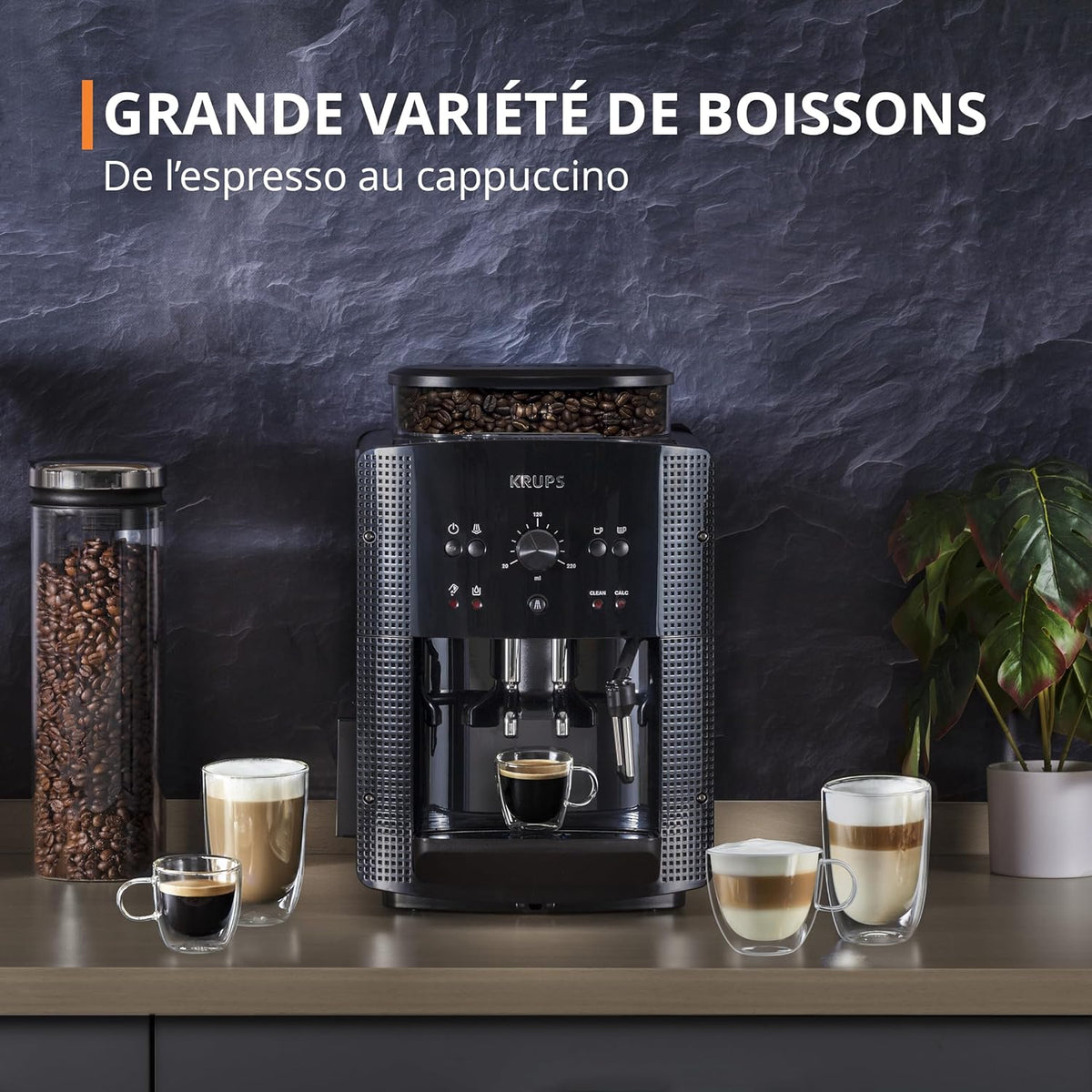 Bean coffee machine, 1.7 L, 2 cups simultaneously, Automatic cleaning, Steam nozzle for Cappuccino, Espresso coffee maker, Essential black YY8125FD, Black -