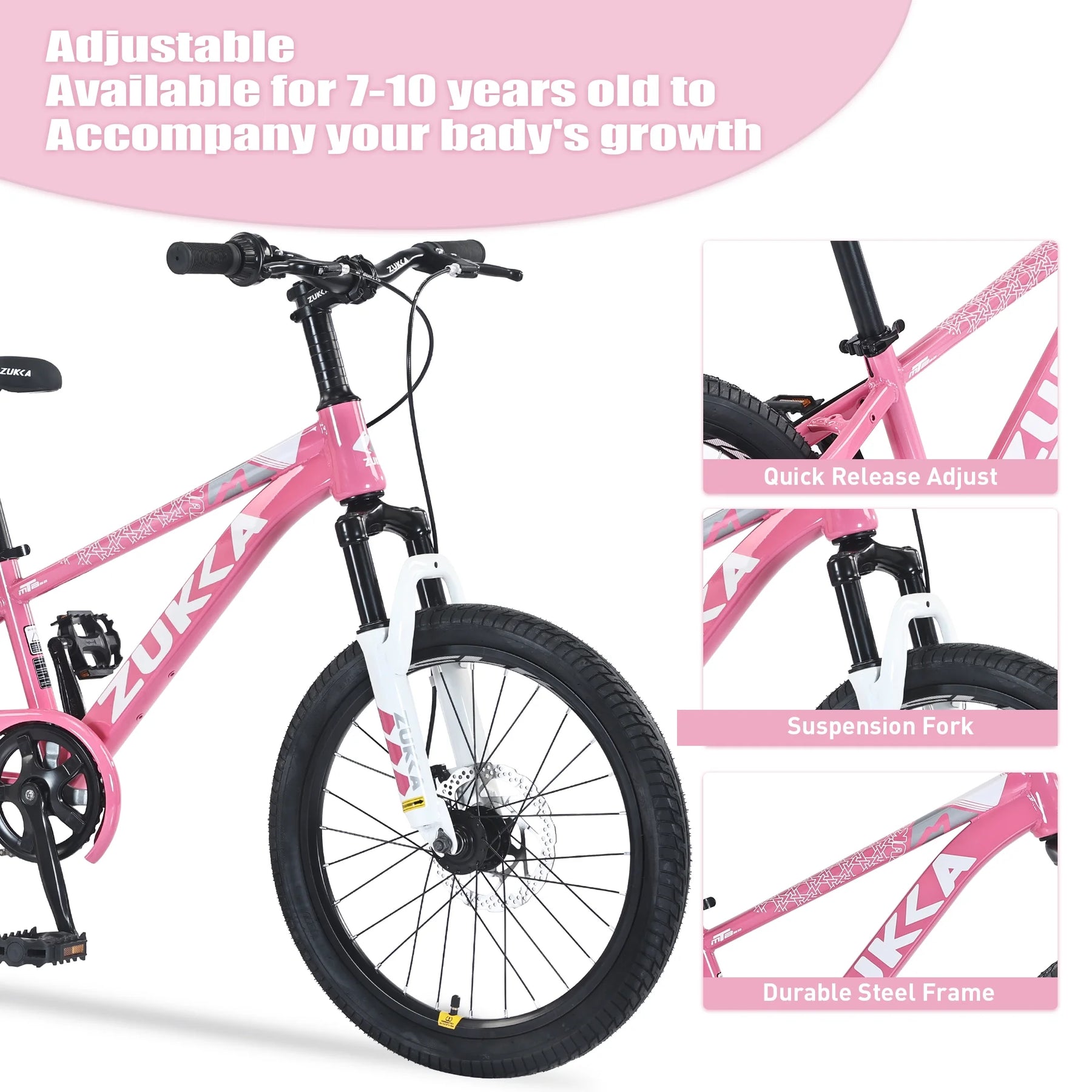 Zukka 20 in Kids Mountain Bike Steel Frame Hardtail Bicycle for Child Aged 7 - 10 Years Pink - Product image 9