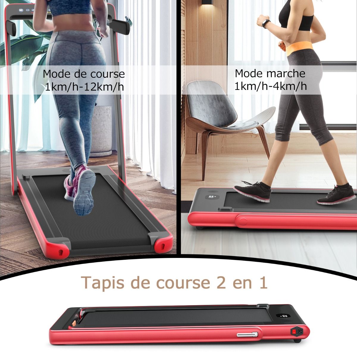 Foldable Treadmill 0.75HP Double LED Display APP and Remote Control Motorized Speed ​​12 km/h Surface 40x100cm Red -