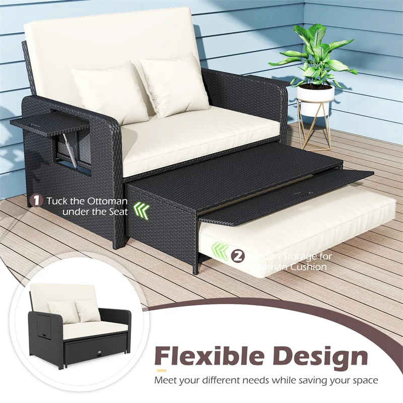 Patio Rattan Daybed Outdoor Wicker Loveseat Sofa with 4-Level Adjustable Backrest, Storage Ottoman - Product image 30
